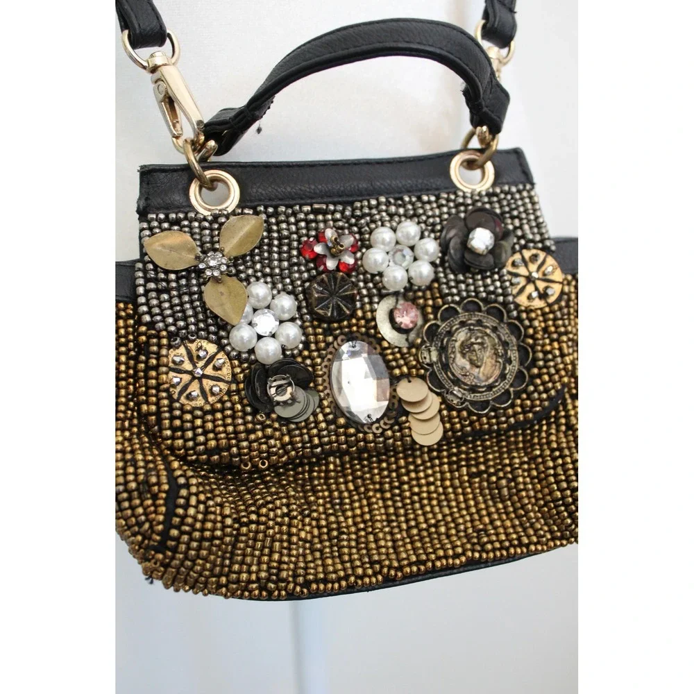 Free People Beaded Embellished Crossbody Bag Black Gold Pearl Crystal Boho Small